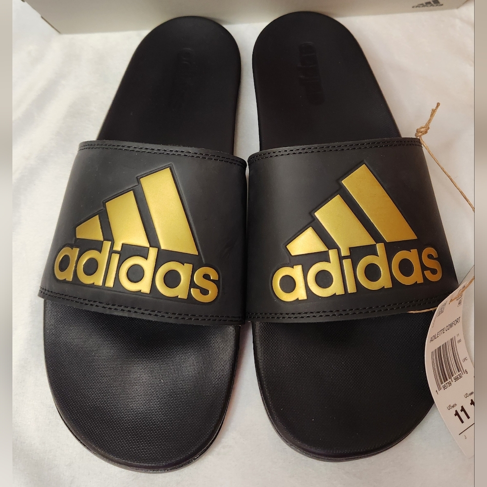 NWT Adidas Black and Gold Slides